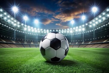 Fototapeta premium Soccer ball on the stadium field with lights in the background