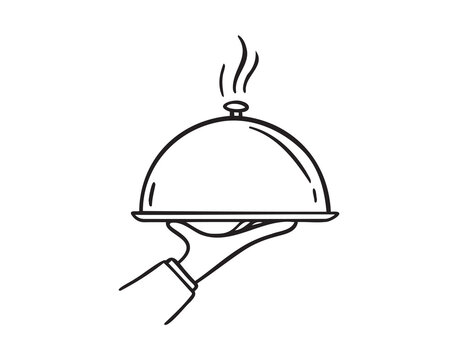 recommend clip art: Waiter hand holding cloche serving plate doodle hand drawn icon. Outline drawing Waiter hand holding cloche serving plate line clipart symbol