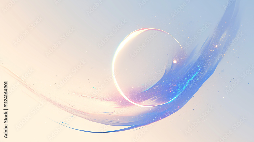 Sticker solitary sphere glides on a gentle wave under a soft sky, creating a serene abstract in blues and wh
