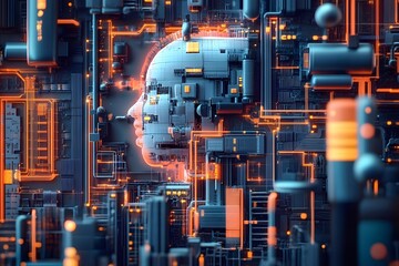 Illustration of a machine learning process featuring artificial intelligence, deep data mining, and machine learning as components of modern computer technology concepts, portrayed in a 3D rendering,
