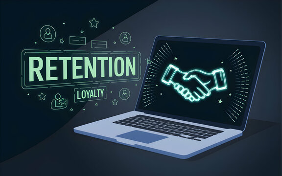 Laptop Screen Showing Retention and Loyalty: A glowing neon handshake emerges from a laptop screen, symbolizing the importance of customer retention and loyalty in modern business.