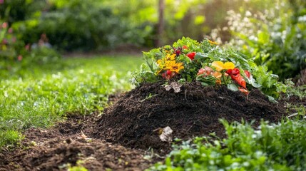 Gardening action planting colorful flowers in a garden nature scene daylight viewpoint sustainable living concept