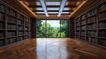 Naklejka premium Elegant Library with Wooden Bookshelves, Polished Herringbone Flooring, and a Panoramic Window Overlooking a Serene Forest Landscape in Natural Light