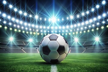 Fototapeta premium Soccer ball on the stadium field with lights in the background