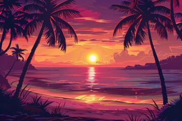 A stunning tropical beach wallpaper showcasing elegant palm trees silhouetted against a breathtaking sunset, creating a paradise atmosphere