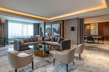 Luxurious hotel suite with marble floors showcasing elegant design urban ambiance high-end interior modern style sophisticated environment contemporary living space
