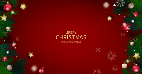 Merry Christmas and Happy New Year greeting cards vector illustration design. Christmas background with trees, balls, stars, lights for banner, cards, poster, cover.