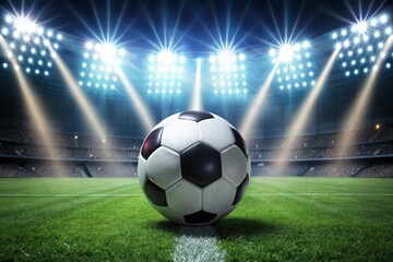 Soccer ball on the stadium field with lights in the background