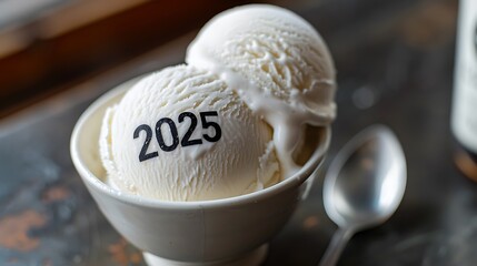 The word "2025" isolated on a vanilla ice cream in a bowl