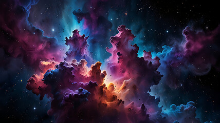 A cluster of colorful nebula fragments swirling together in vibrant shades of purple, blue, and pink, isolated on a plain white background.