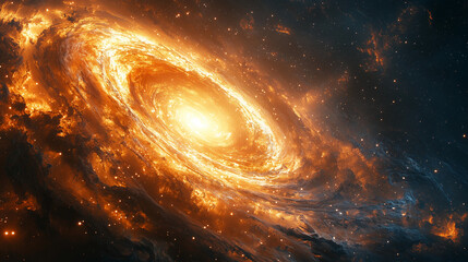 vibrant depiction of an orange galaxy with golden swirls enveloping a bright central star