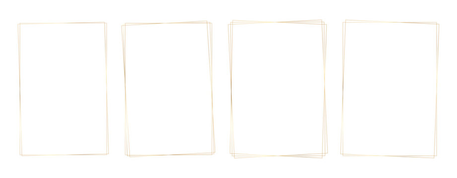 Gold shiny glowing thin rectangle frame set. Golden luxury realistic border. For certificates, story templates, invitations, modern linear minimalist design, photo, poster, card. Vector illustration.