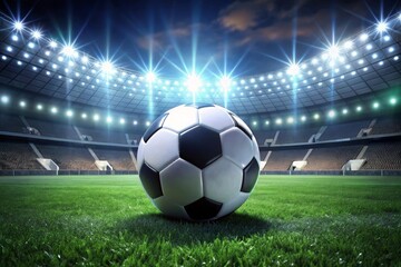 Fototapeta premium Soccer ball on the stadium field with lights in the background