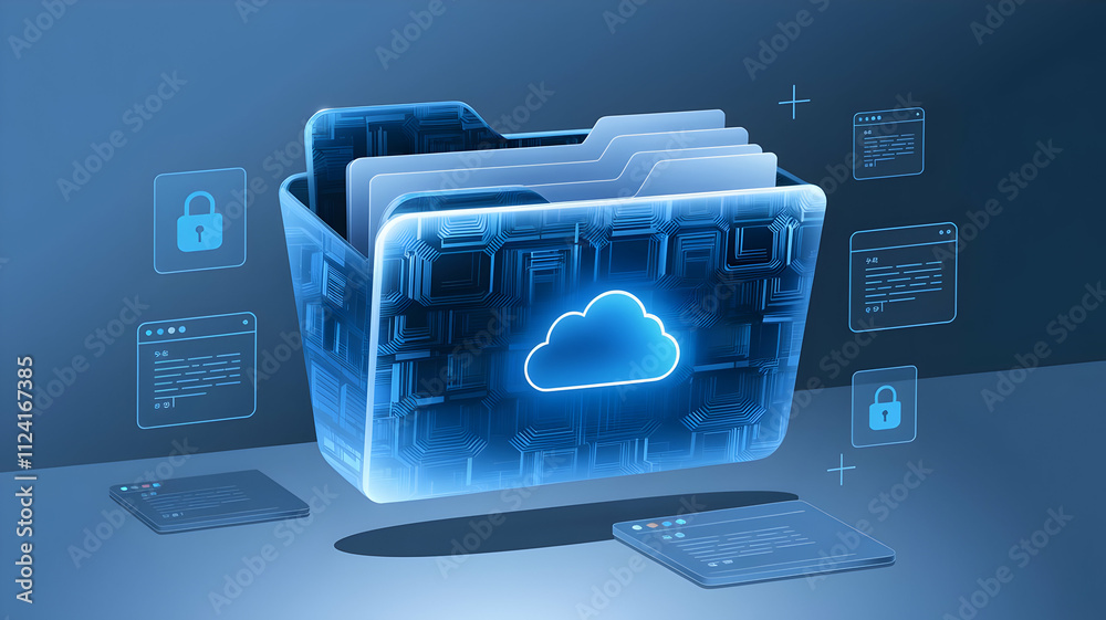 Poster cloud-based data storage: a futuristic concept of data storage, symbolized by a glowing folder with 
