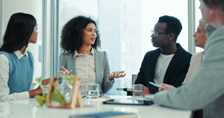 Teamwork, talking and planning with business people in meeting for feedback, brainstorming and...