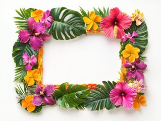 A rectangular tropical floral frame with vibrant hibiscus, orchids, and monstera leaves, colorful and lively, on a white background