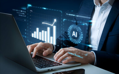 AI-Powered Business Growth: A businessman uses AI technology on his laptop to analyze data and drive business growth. The image showcases a futuristic, technological advancement in business strategy.