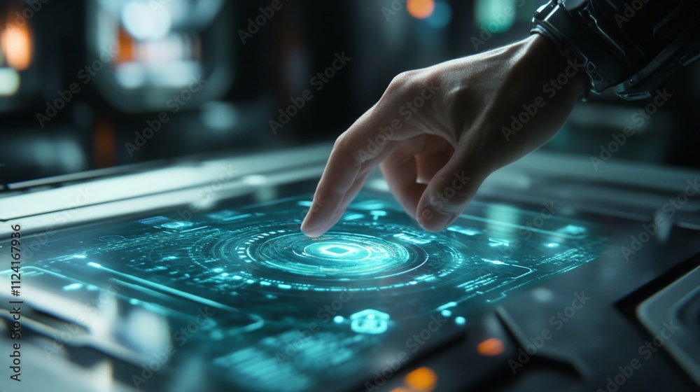 Poster interactive technology interface futuristic lab digital display high-tech environment close-up view 