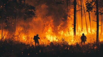 Fototapeta premium Firefighters combat wildfire in forested area action scene nighttime environment dramatic viewpoint wildfire awareness