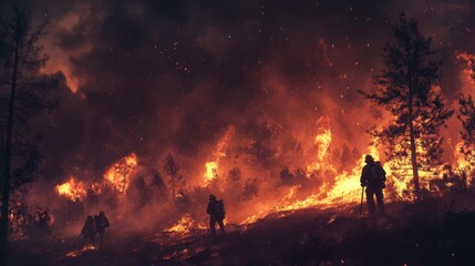 Firefighters battle wildfire forest area photo intense environment dramatic viewpoint environmental crisis awareness