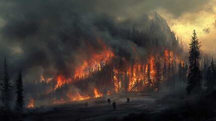 Forest fire strikes remote wilderness dramatic scene nature photography smoky atmosphere aerial view environmental impact