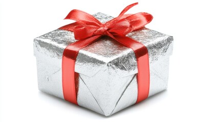 Obraz premium A Silver Gift Box with a Red Ribbon: A Present for Any Occasion.