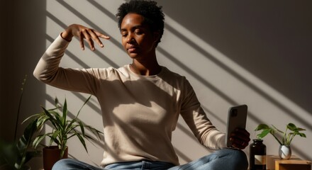 Naklejka premium African female expressing calm and mindfulness in sunlit room during phone meditation