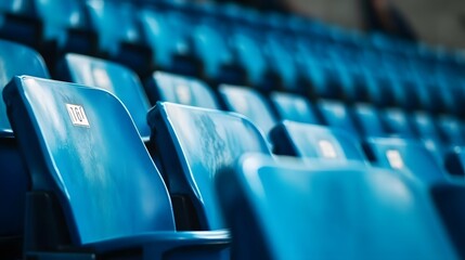 Fototapeta premium Rows of blue stadium seats with seat numbers visible