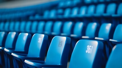 Obraz premium Rows of blue stadium seats with seat numbers visible
