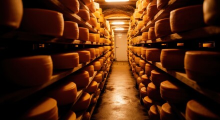 Aging cheese wheels in dimly lit cellar with wooden shelves and soft light