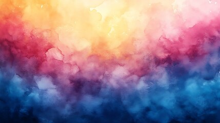 Fototapeta premium Abstract watercolor background with vibrant color gradient, transitioning from warm yellows and oranges at the top to cool blues and purples at the bottom, creating a dreamy, ethereal effect.