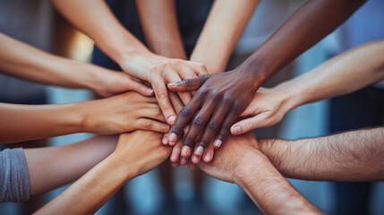 Multiple hands from diverse individuals coming together in unity, symbolizing teamwork, collaboration, inclusivity, and collective effort. A vibrant representation of diversity and shared goals