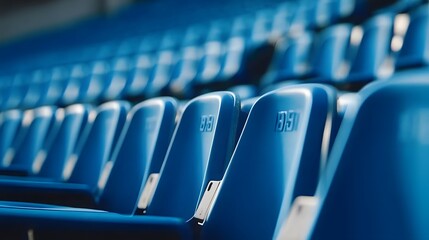 Obraz premium Rows of blue stadium seats with seat numbers visible