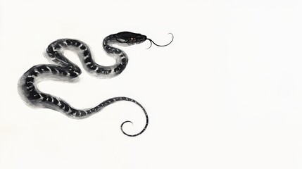 Obraz premium A sleek, black-and-white snake gracefully curls against a stark white background, showcasing its distinct patterns and elongated form.