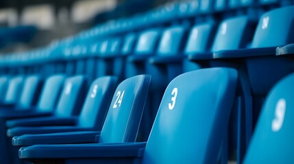 Fototapeta premium Rows of blue stadium seats with seat numbers visible