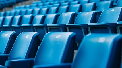 Naklejka premium Rows of blue stadium seats with seat numbers visible