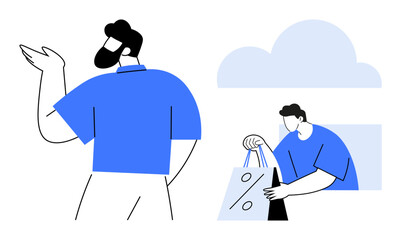 Man with a beard browsing a store, another man at a window receiving a shopping bag with a percentage sign. Ideal for retail, marketing, discounts, shopping, customer satisfaction, sales promotions