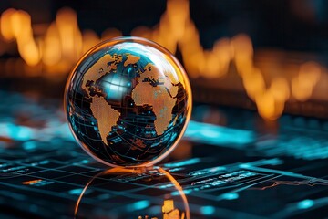 A reflective globe sits on a digital surface, symbolizing global finance and data analytics with rising graphs in the background.