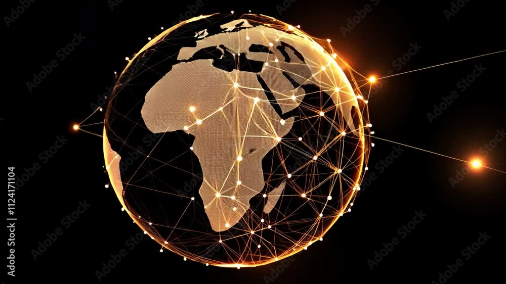 Poster abstract global communication network design with geometric patterns and illuminated nodes, emphasiz