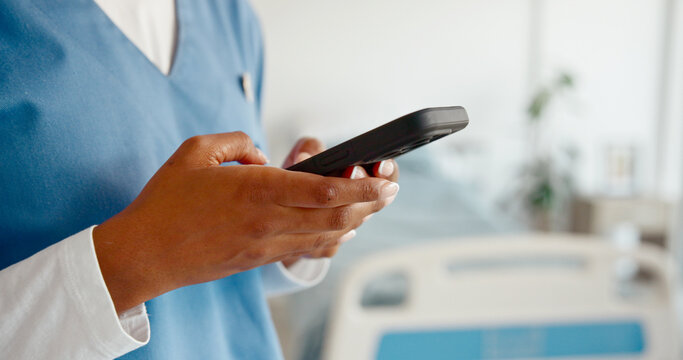 Woman, nurse and hands with phone in clinic, schedule communication and app for medical research. Female person, wireless consultation and online for healthcare, hospital networking and physician