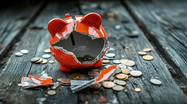 Broken piggy bank with coins scattered around, symbolizing financial struggle and the need for careful budgeting and saving.