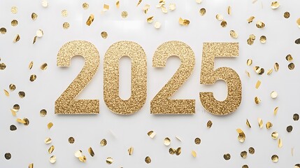 Shiny Gold Glitter '2025' Numbers on White Background with Golden Confetti, Creating a Festive and Joyful Flat Lay Composition in High-Resolution Vector Illustration