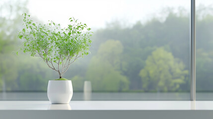 Fototapeta premium Potted plants on window and white computer. Houseplants in pots on windowsill. Home decor concept. Modern houseplants . Minimal creative home decor concept , work space,home office,computer,background