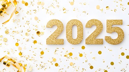 Shiny Gold Glitter '2025' Numbers on White Background with Golden Confetti, Creating a Festive and Joyful Flat Lay Composition in High-Resolution Vector Illustration