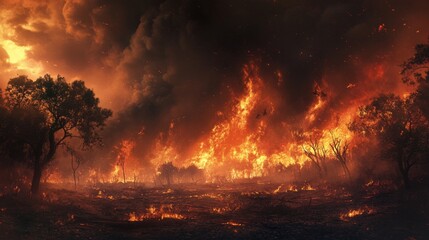 Fototapeta premium Wildfire devastation forest region nature photography dramatic atmosphere wide angle environmental crisis