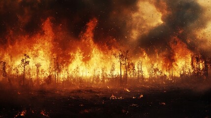 Fototapeta premium Wildfire erupts in forest devastating landscape action scene natural disaster dramatic viewpoint environmental crisis