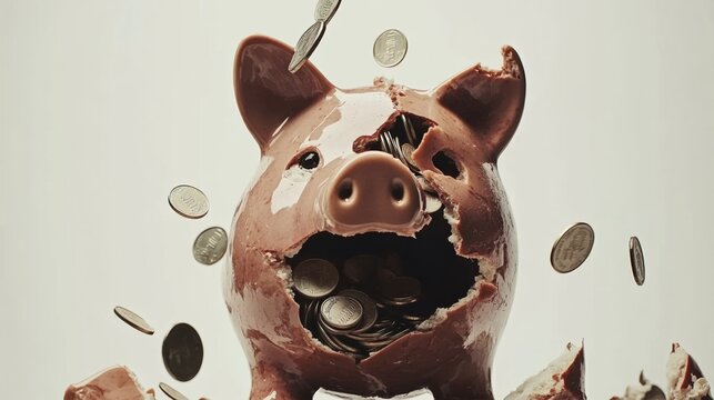 Broken piggy bank with coins scattered around, symbolizing financial struggle and the need for careful budgeting and saving.