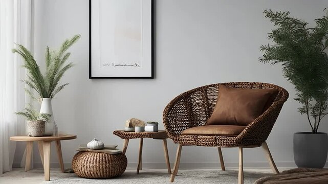 mock room quality minimalist modern white 3d brown living wall composition chair livingroom decor design interior template rendering high mockup
