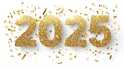 Shiny Gold Glitter '2025' Numbers on White Background with Golden Confetti, Creating a Festive and Joyful Flat Lay Composition in High-Resolution Vector Illustration