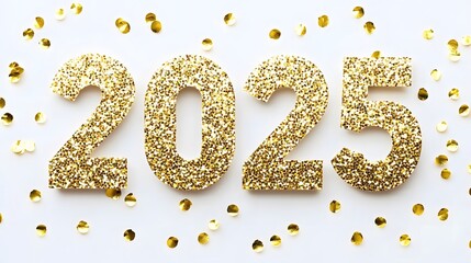 Shiny Gold Glitter '2025' Numbers on White Background with Golden Confetti, Creating a Festive and Joyful Flat Lay Composition in High-Resolution Vector Illustration